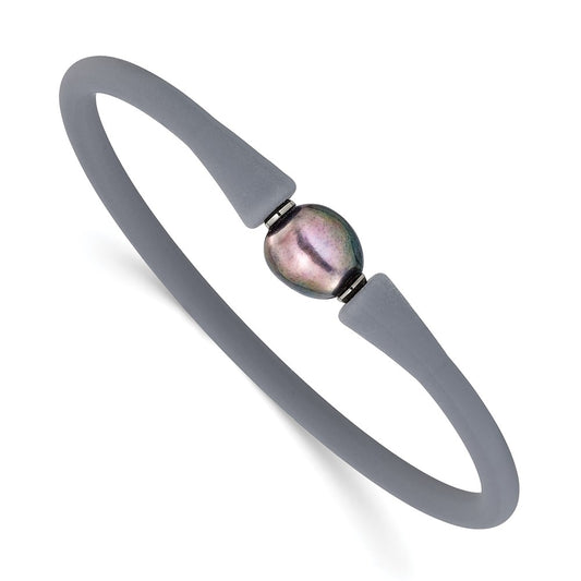 Chisel Stainless Steel Polished 9-10mm Black Baroque Freshwater Cultured Pearl on Grey Silicone 6.75 inch Bracelet