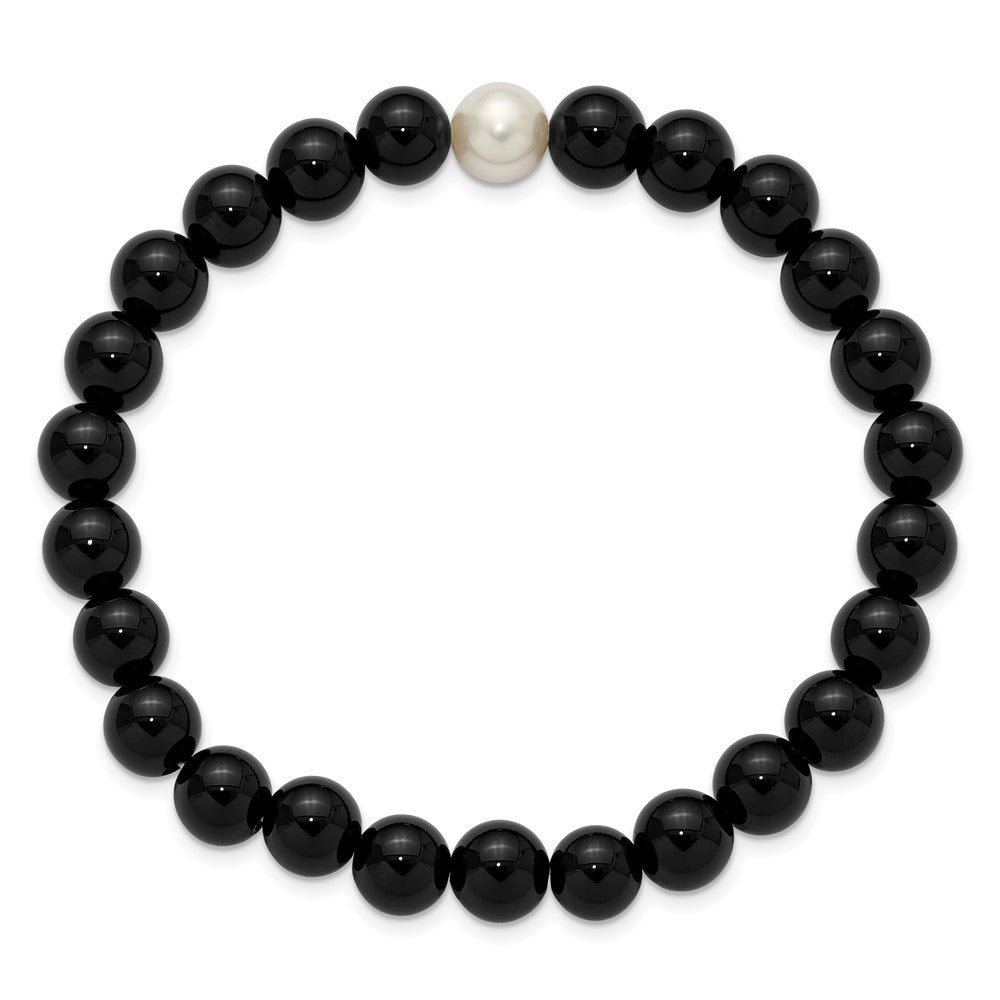 Chisel 8-9mm Black Onyx and White Freshwater Cultured Pearl Beaded 7.25 inch Stretch Bracelet