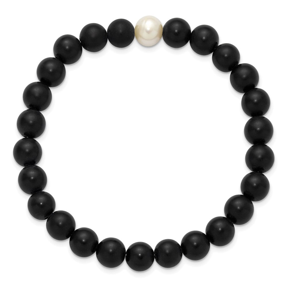 Chisel 8-9mm Black Agate and White Freshwater Cultured Pearl Beaded 7.25 inch Stretch Bracelet