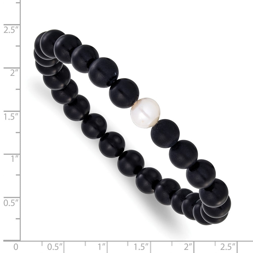Chisel 8-9mm Black Agate and White Freshwater Cultured Pearl Beaded 7.25 inch Stretch Bracelet