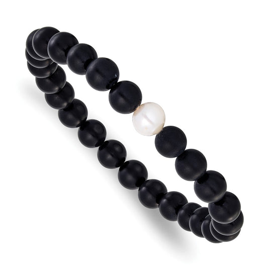 Chisel 8-9mm Black Agate and White Freshwater Cultured Pearl Beaded 7.25 inch Stretch Bracelet