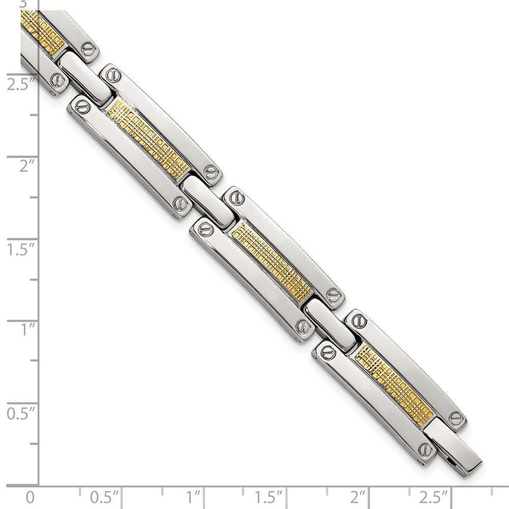 Chisel Stainless Steel Polished with 14K Gold Accent Basket Weave Pattern 8.5 inch Link Bracelet