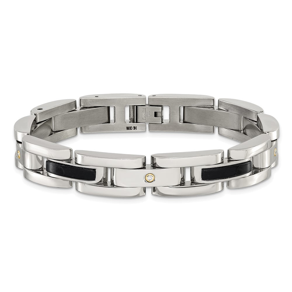 Chisel Stainless Steel Polished with 14K Gold Accent and 1/20ct. Diamond and Onyx 8.25 inch Link Bracelet