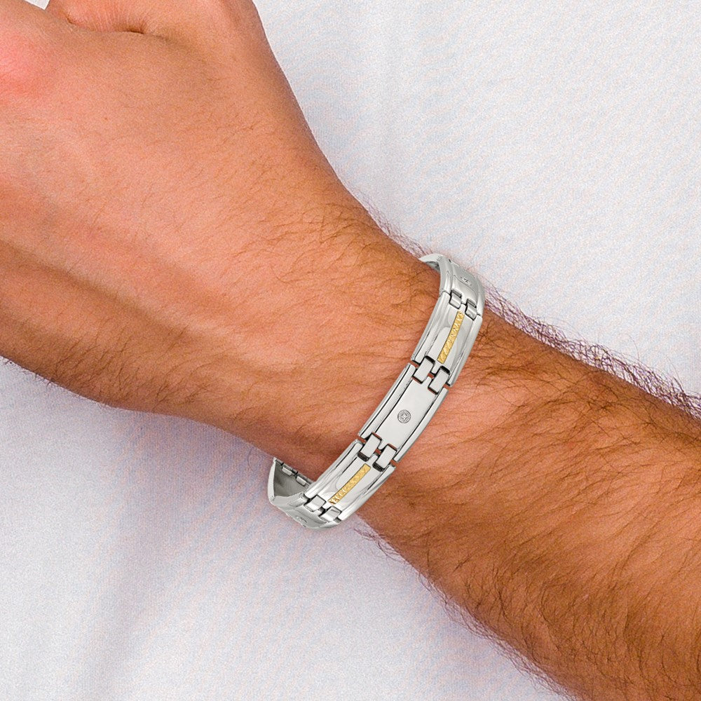 Chisel Stainless Steel Polished with Diamond-cut 14K Gold Accent and .03ct. Diamond 8.75 inch Link Bracelet