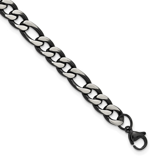 Chisel Stainless Steel Brushed and Polished Black IP-plated 7.5mm 9 inch Figaro Chain Bracelet