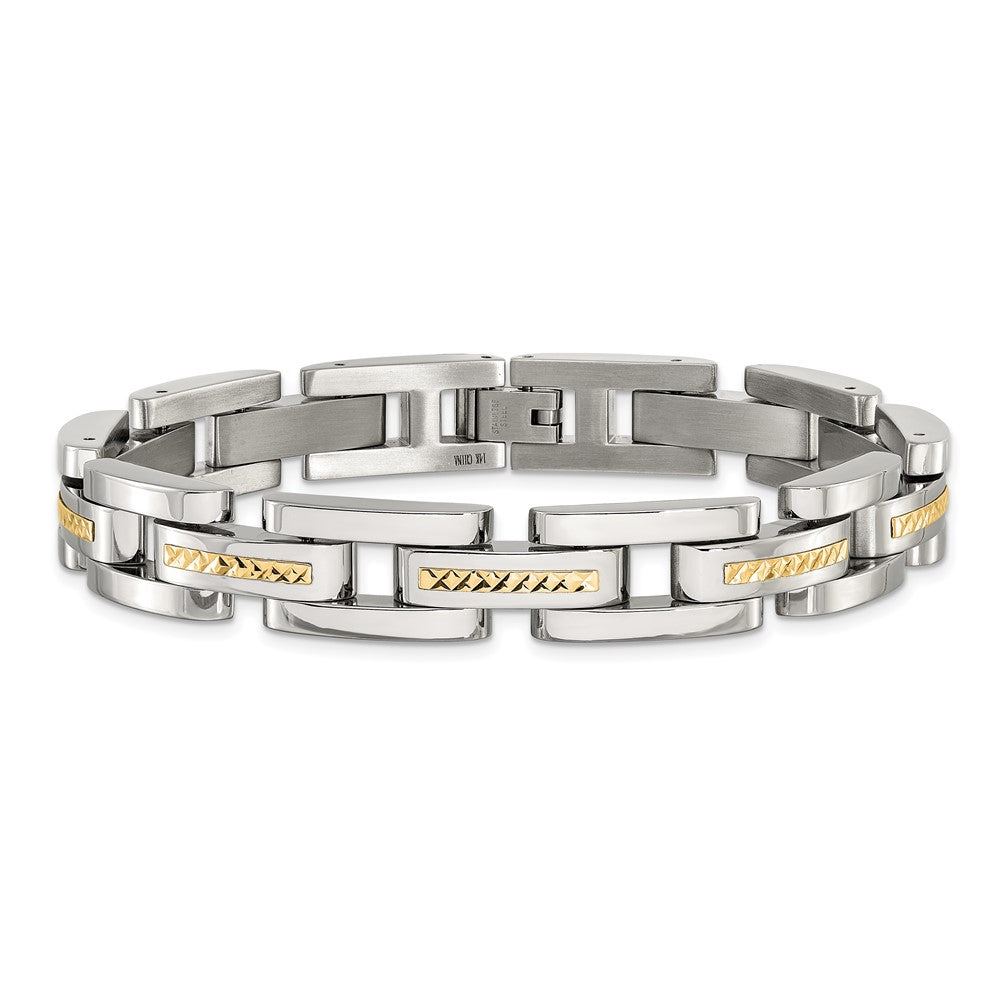 Chisel Stainless Steel Polished with Diamond-cut 14K Gold Accent 9 inch Link Bracelet