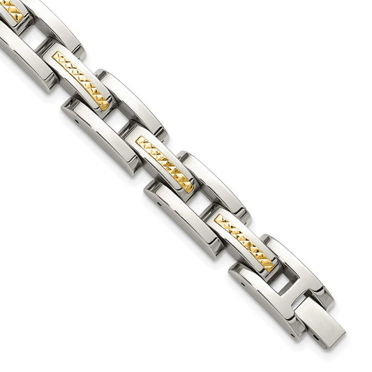 Chisel Stainless Steel Polished with Diamond-cut 14K Gold Accent 9 inch Link Bracelet