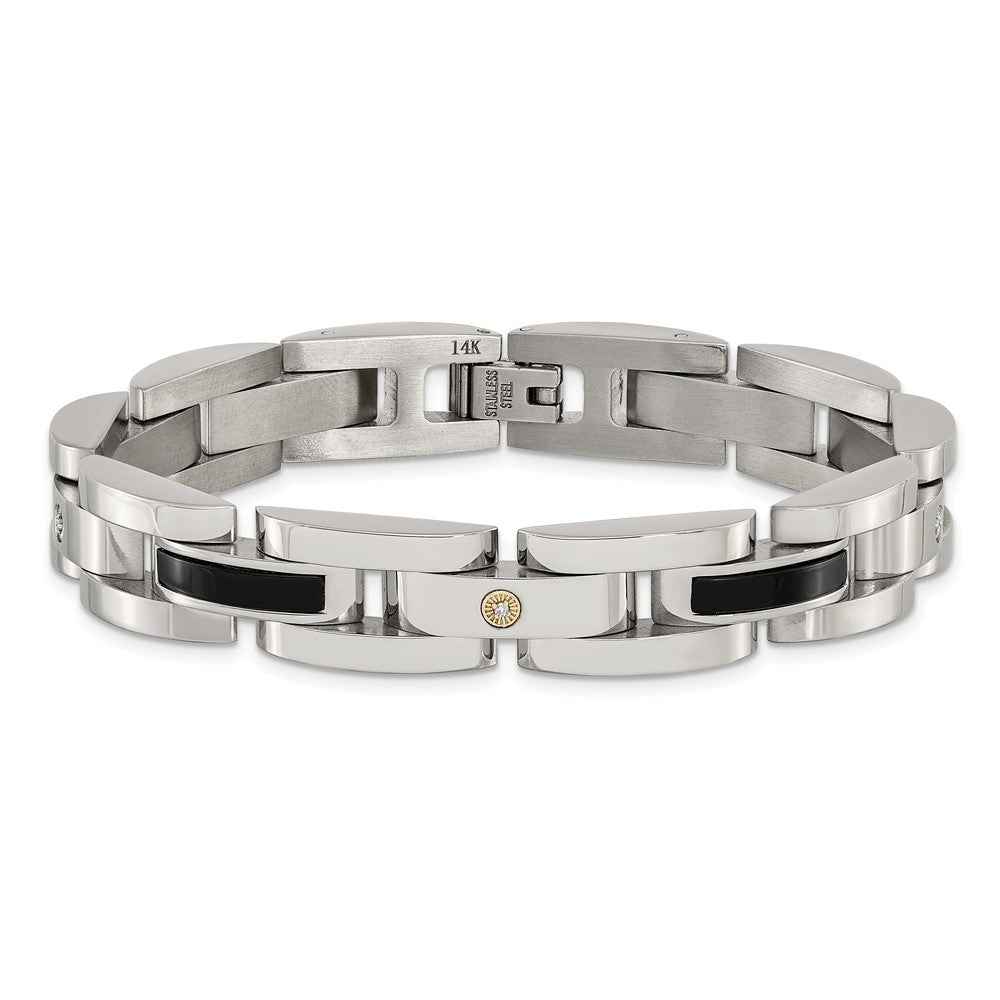 Chisel Stainless Steel Polished with .03ct Diamond and Onyx 8.25 inch Link Bracelet