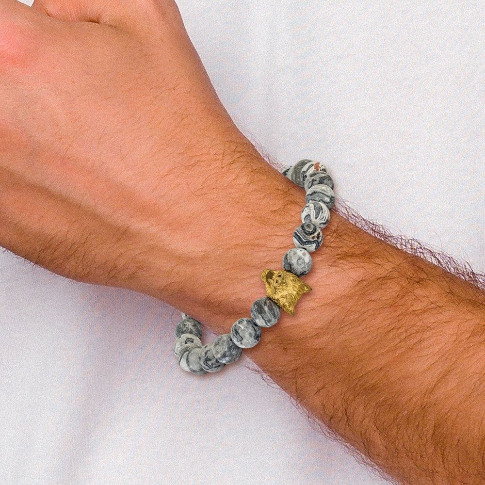 Chisel Stainless Steel Antiqued and Polished Yellow IP-plated Wolf Head Matte 8.5mm Jasper 6.75 inch Stretch Bracelet