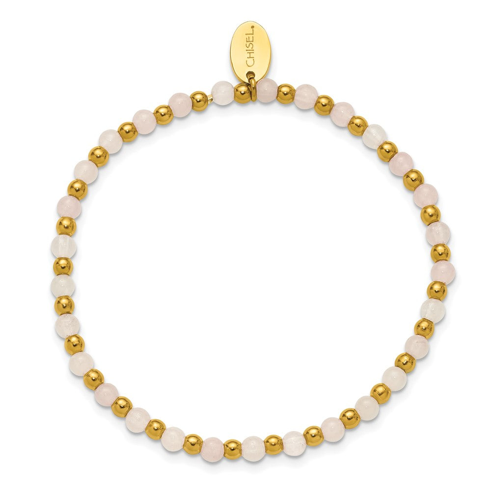 Chisel Stainless Steel Polished Yellow IP-plated 3mm Pink Quartz Beaded 6.25 inch Stretch Bracelet