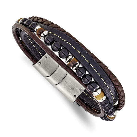 Chisel Stainless Steel Polished Onyx and Tiger Eye Beaded Black and Brown Leather Multi Strand 8 inch Plus .5 inch Extension Bracelet