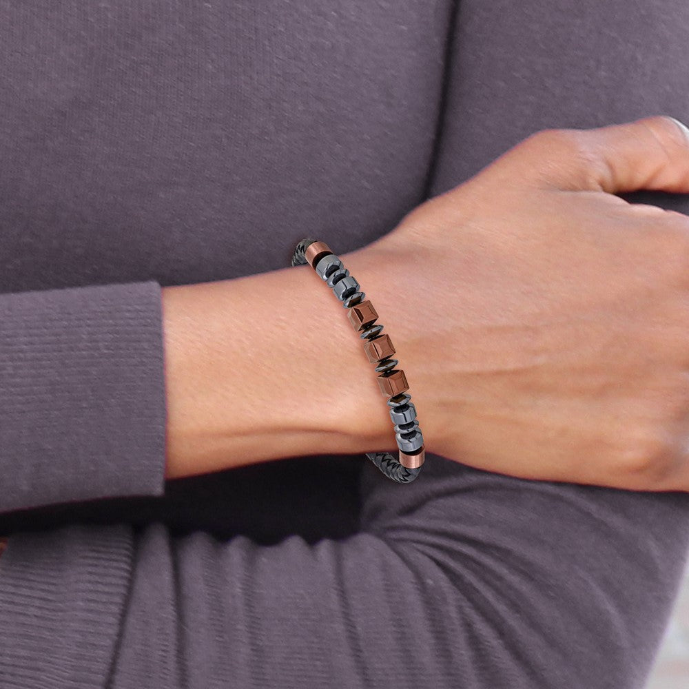 Chisel Stainless Steel Polished Hematite Brown-plated Beaded Black Leather 8 inch Plus .5 inch Extension Bracelet