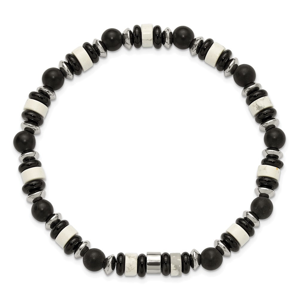 Chisel Stainless Steel Polished 6.50mm White Howlite and Black Onyx Beaded 7.5 inch Stretch Bracelet