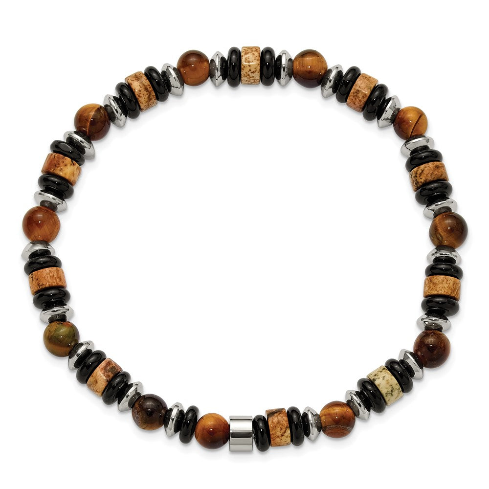Chisel Stainless Steel Polished 6.50mm Tiger's Eye, Picture Jasper and Black Onyx Beaded 7.5 inch Stretch Bracelet