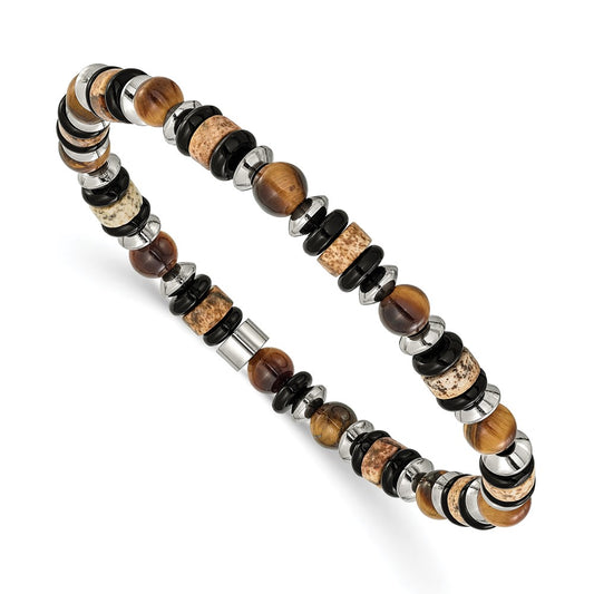 Chisel Stainless Steel Polished 6.50mm Tiger's Eye, Picture Jasper and Black Onyx Beaded 7.5 inch Stretch Bracelet