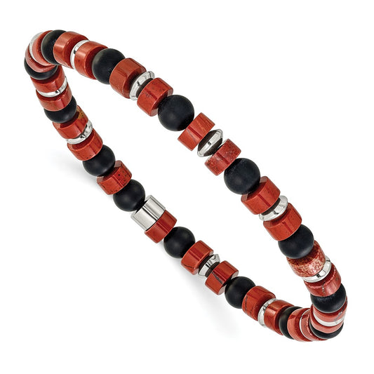Chisel Stainless Steel Polished 6.30mm Red Agate and Black Onyx Beaded 7.5 inch Stretch Bracelet