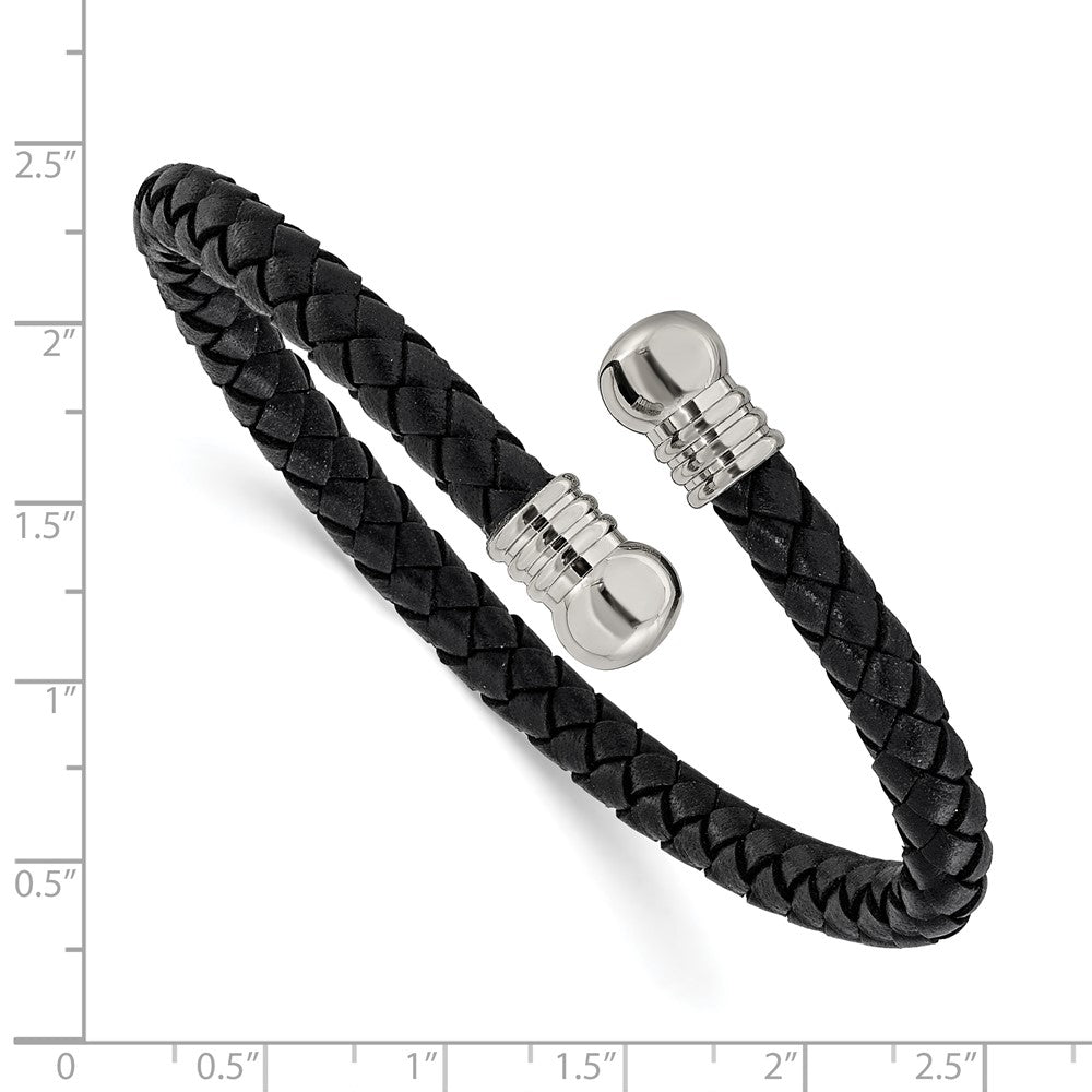 Chisel Stainless Steel Polished Black Leather Flexible Cuff Bangle