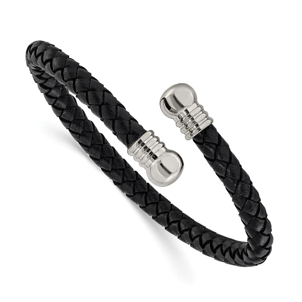 Chisel Stainless Steel Polished Black Leather Flexible Cuff Bangle