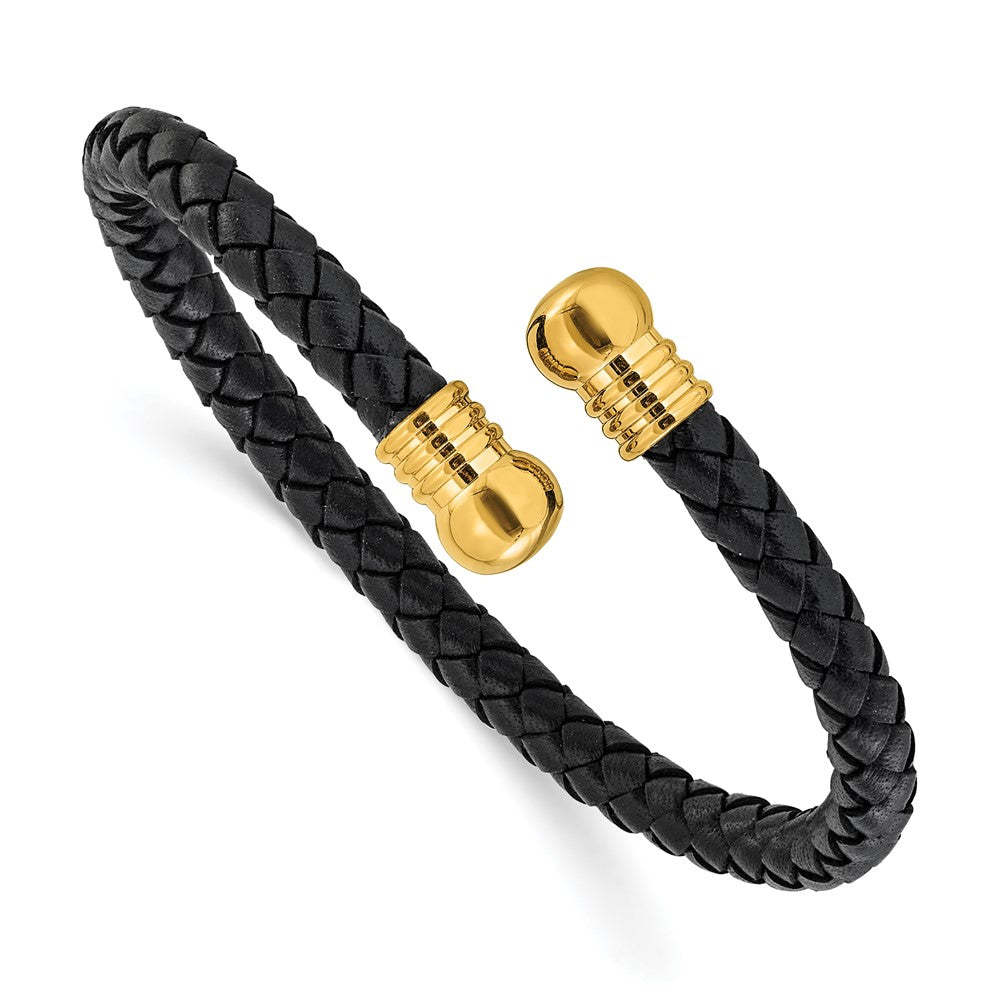 Chisel Stainless Steel Polished Yellow IP-plated  Black Leather Flexible Cuff Bangle