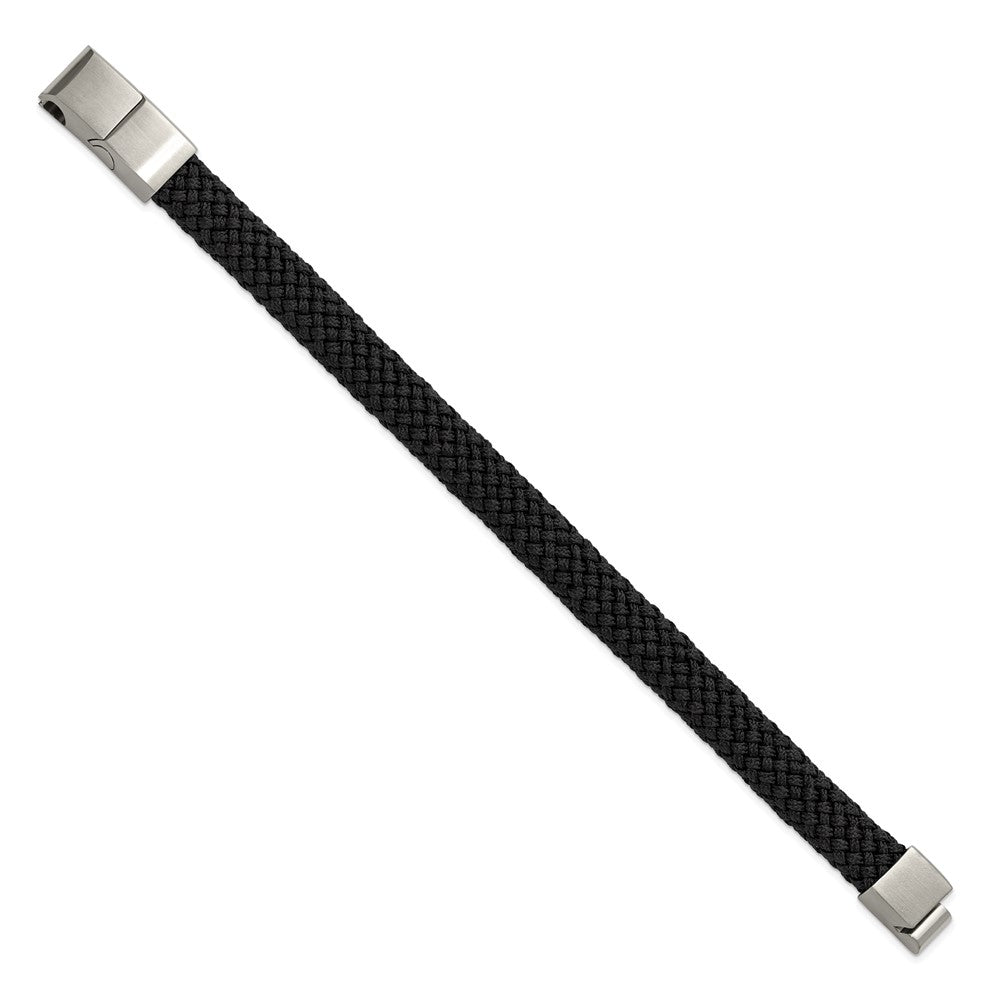 Chisel Stainless Steel Brushed and Polished Black Braided Nylon 8 inch Plus .5 inch Extension Bracelet