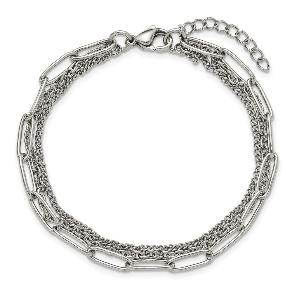Chisel Stainless Steel Polished Multi-Strand Curb, Cable and Paperclip Link 7 inch Plus a 1.25 inch Extension Bracelet