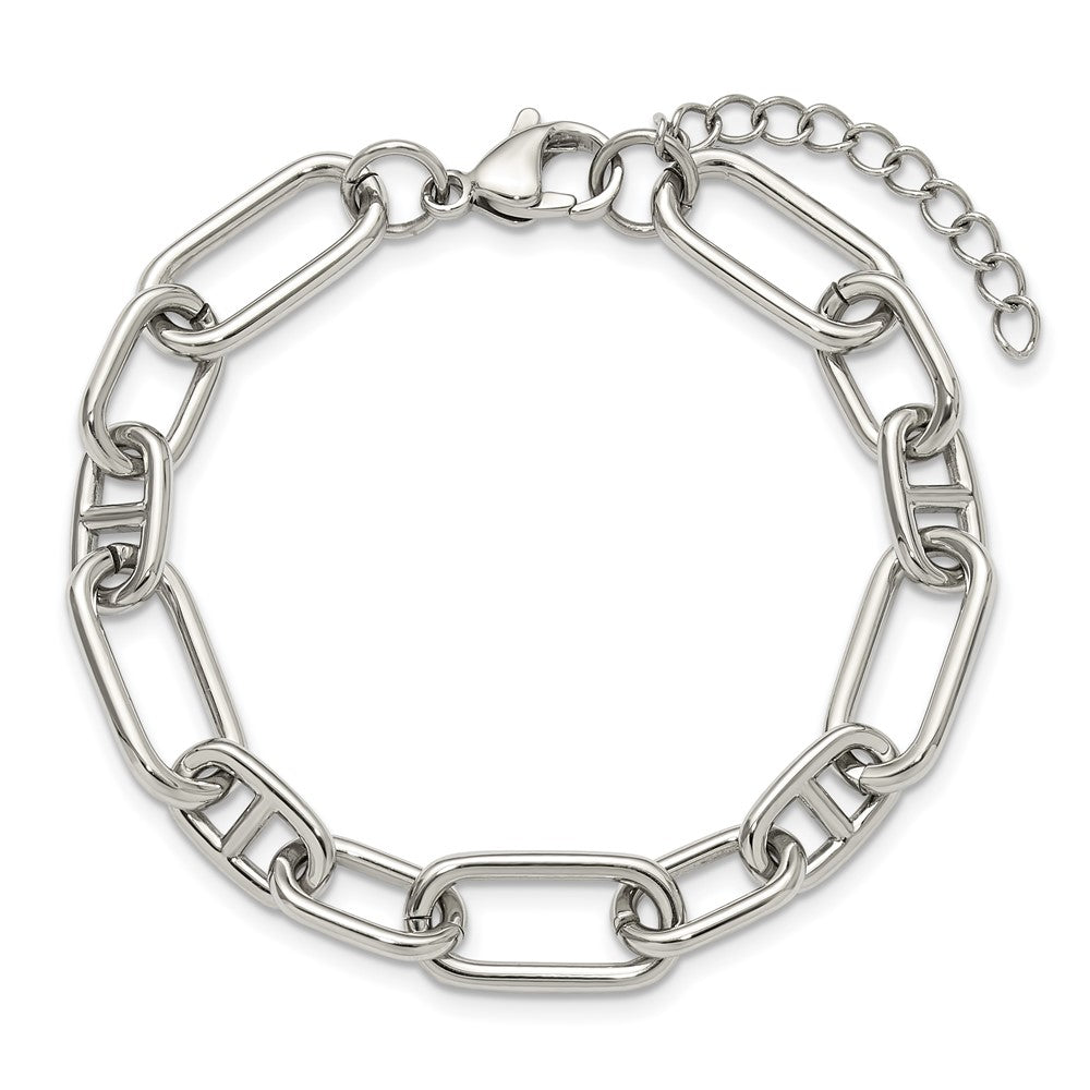 Chisel Stainless Steel Polished 9mm 6.5 inch Plus 1.25 inch 9mm Open Link Bracelet