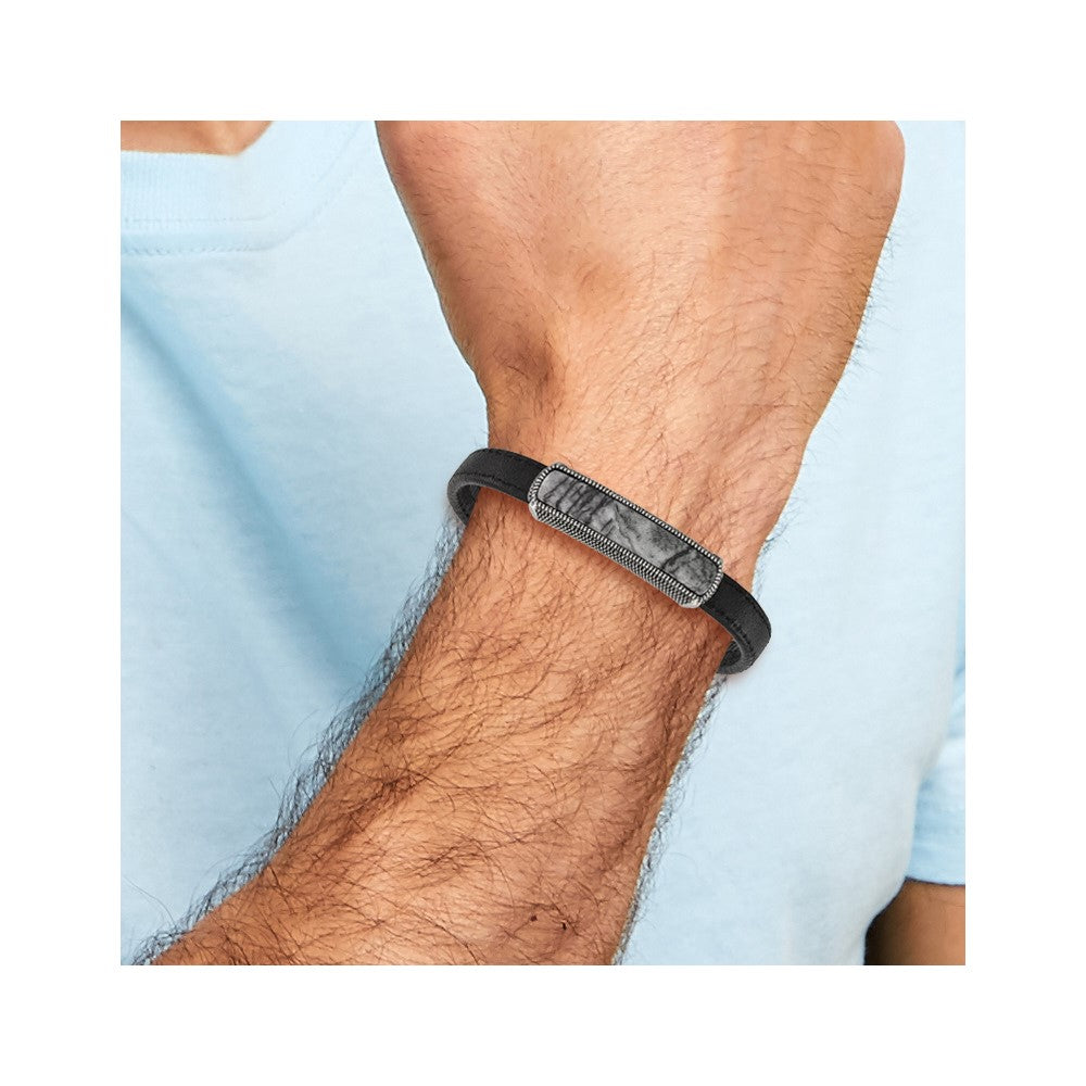 Chisel Stainless Steel Polished Black Oxidized Picasso Jasper Black Leather 8 inch Bracelet