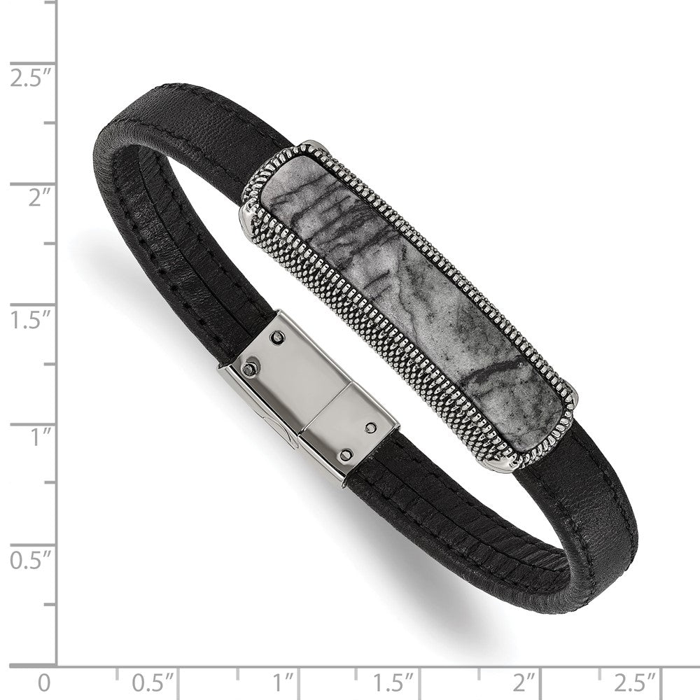 Chisel Stainless Steel Polished Black Oxidized Picasso Jasper Black Leather 8 inch Bracelet
