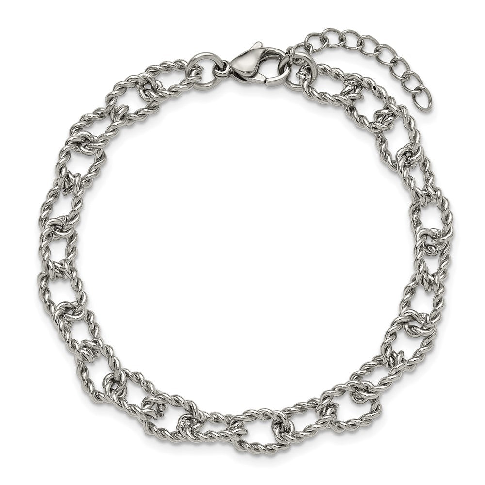 Chisel Stainless Steel Polished and Textured Open Link 7 inch Plus a 1 inch Extension Bracelet