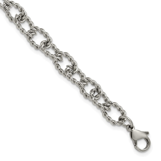 Chisel Stainless Steel Polished and Textured Open Link 7 inch Plus a 1 inch Extension Bracelet