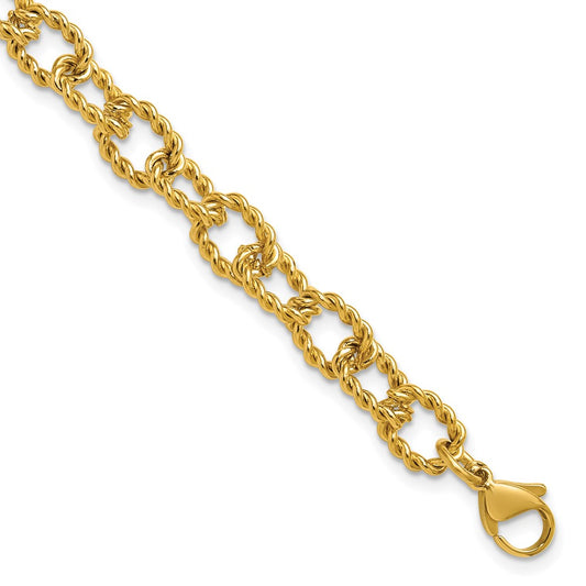 Chisel Stainless Steel Polished and Textured Yellow IP-plated Open Link 7 inch Plus a 1 inch Extension Bracelet
