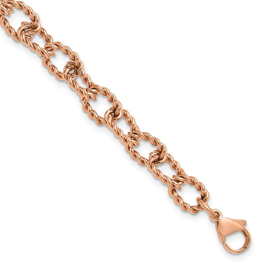 Chisel Stainless Steel Polished and Textured Rose IP-plated Open Link 7 inch Plus a 1 inch Extension Bracelet