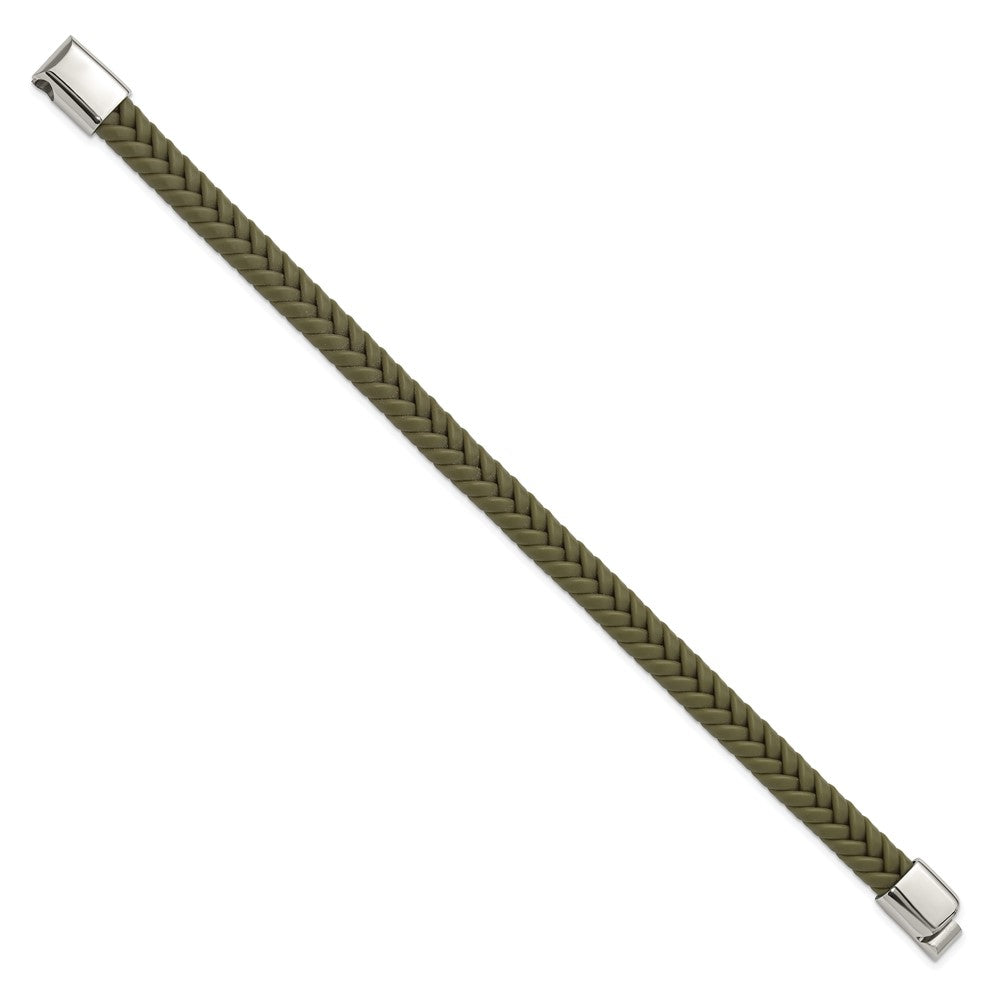 Chisel Stainless Steel Polished Braided Green Silicone 8 inch Bracelet