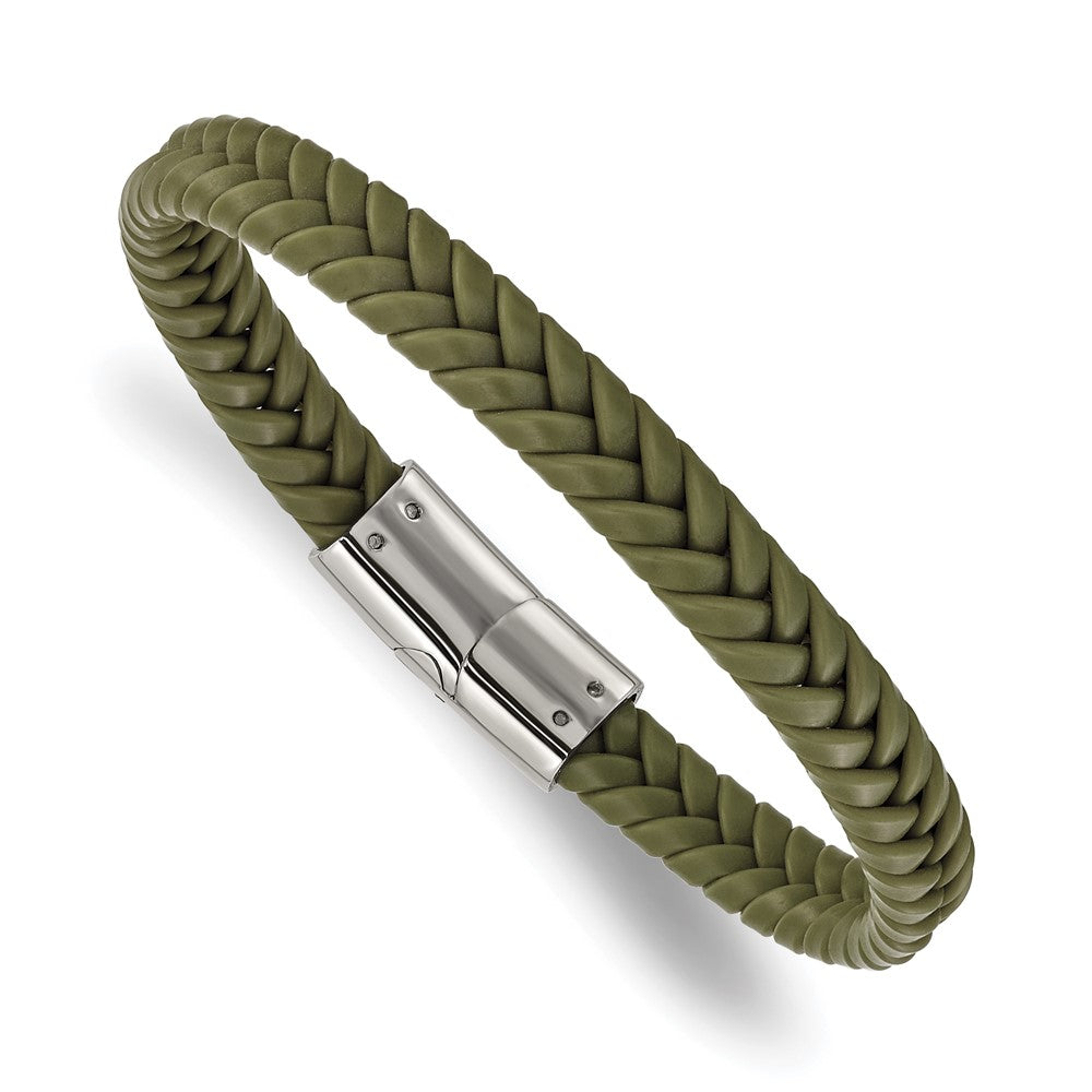 Chisel Stainless Steel Polished Braided Green Silicone 8 inch Bracelet