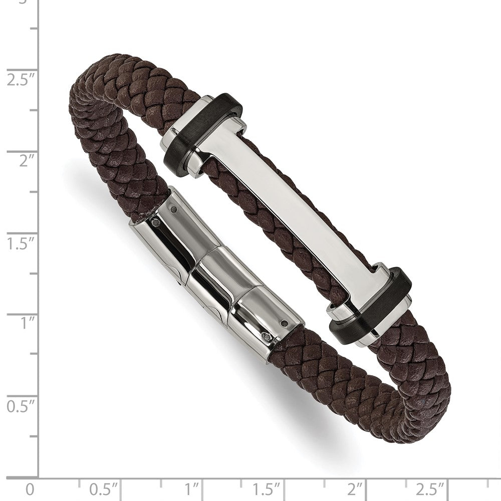 Chisel Stainless Steel Polished Braided Brown Leather 8 inch Plus a .5 inch Extension Bracelet