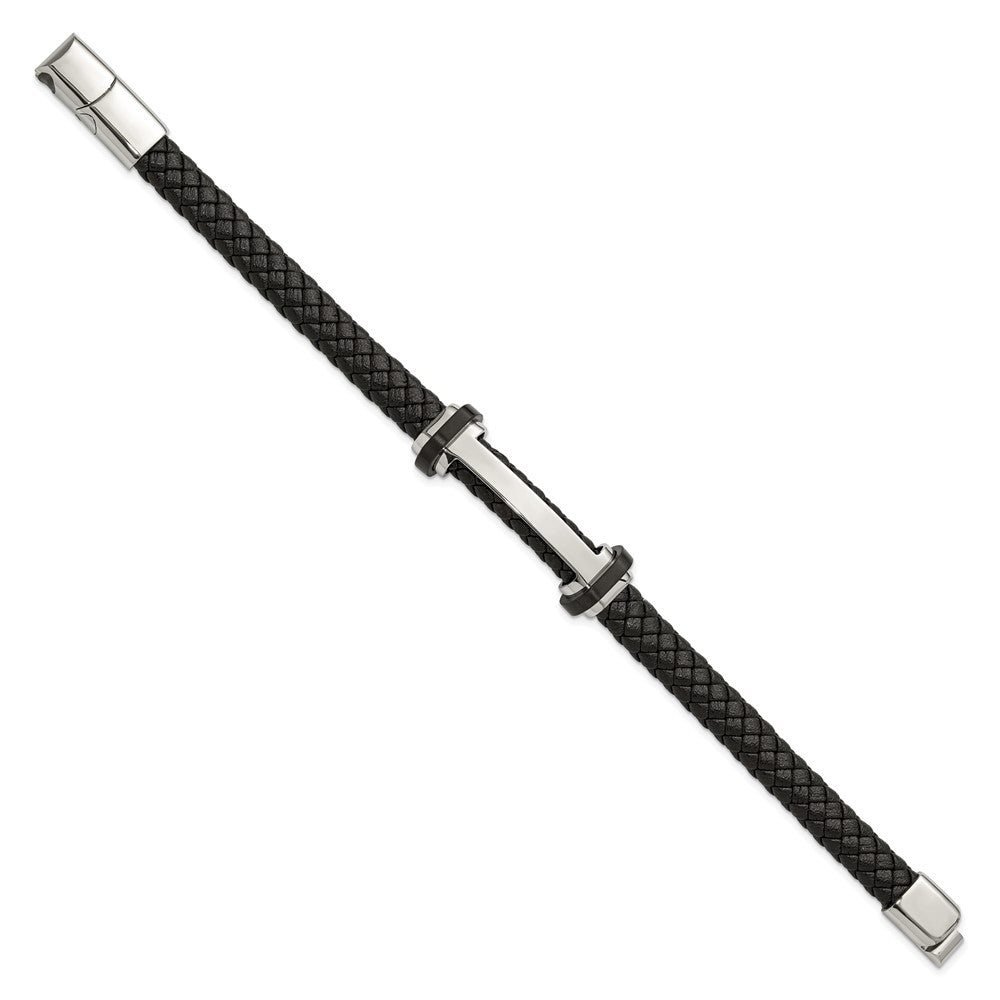 Chisel Stainless Steel Polished Braided Black Leather 8 inch Plus a .5 inch Extension Bracelet