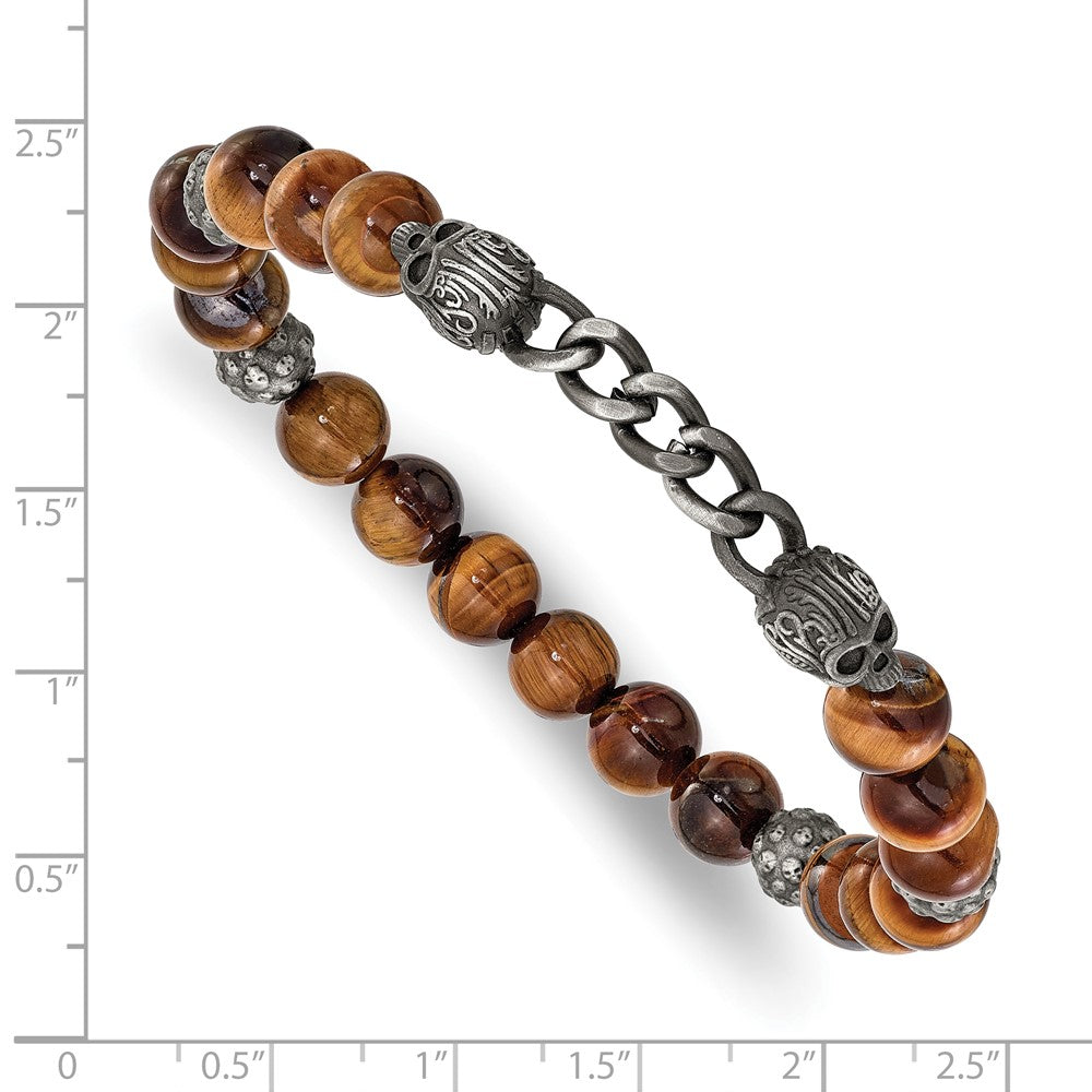 Chisel Stainless Steel Antiqued White Bronze-plated Skulls 8mm Tiger's Eye Beaded 7.5 inch Stretch Bracelet