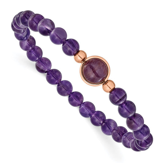 Chisel Stainless Steel Polished Rose IP-plated 6.5mm Amethyst Beaded 7 inch Stretch Bracelet
