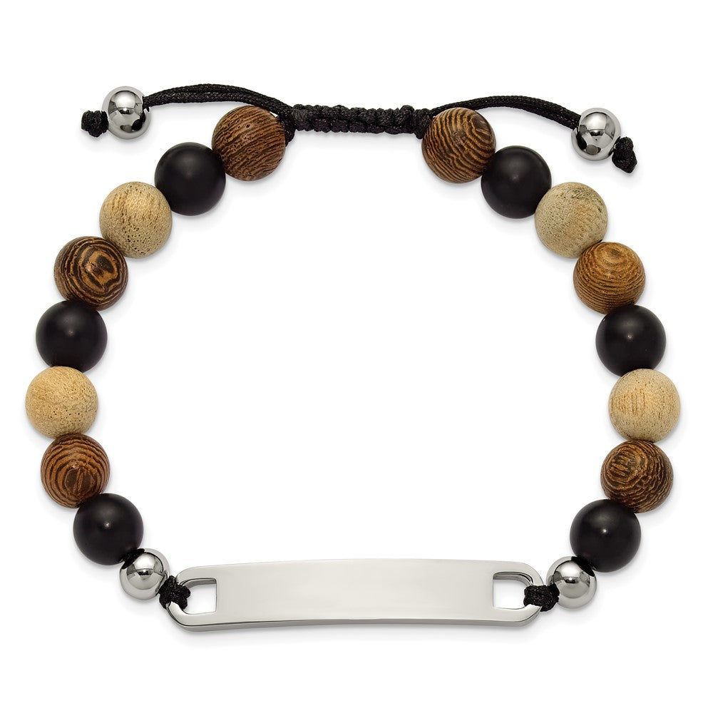 Chisel Stainless Steel Polished Camphor, Tigerwood and Onyx Beaded Black Nylon 6.75 inch to 8.5 inch Adjustable ID Bracelet