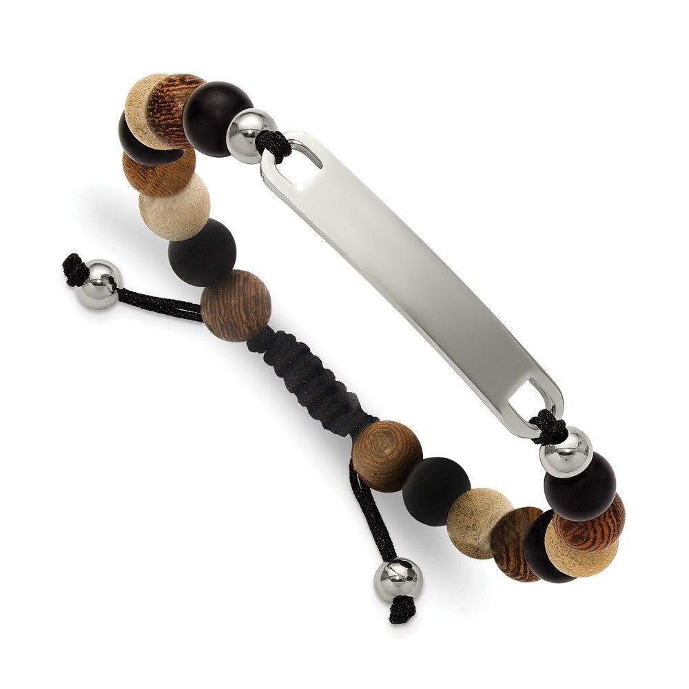 Chisel Stainless Steel Polished Camphor, Tigerwood and Onyx Beaded Black Nylon 6.75 inch to 8.5 inch Adjustable ID Bracelet