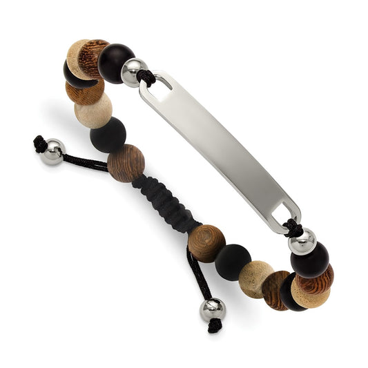 Chisel Stainless Steel Polished Camphor, Tigerwood and Onyx Beaded Black Nylon 6.75 inch to 8.5 inch Adjustable ID Bracelet