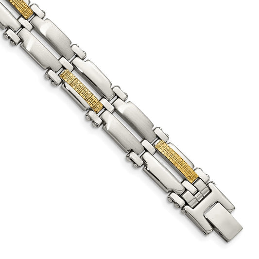 Chisel Stainless Steel with 14k Yellow Gold Accent Brushed and Polished  8.5 inch Link Bracelet