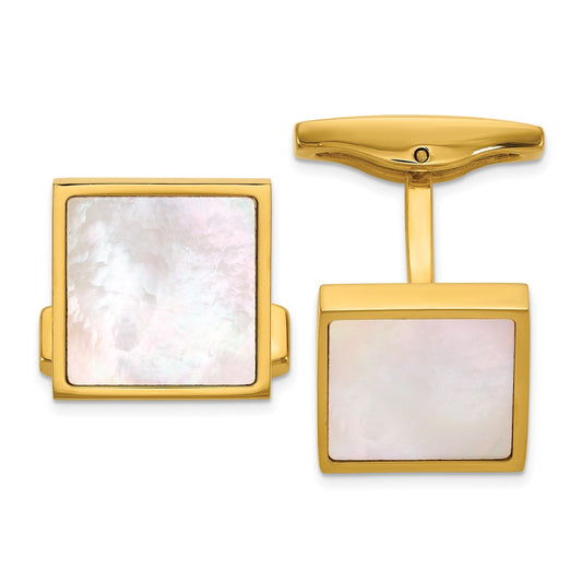 Chisel Stainless Steel Polished Yellow IP-plated with Mother of Pearl Inlay Cuff Links
