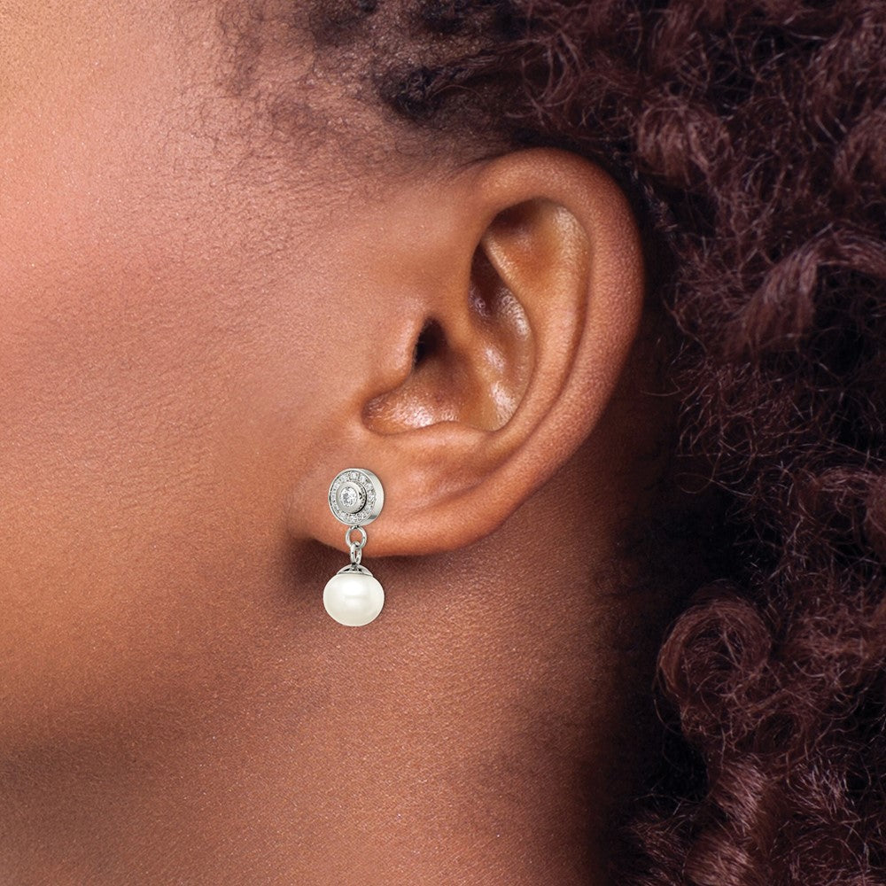 Chisel Stainless Steel Polished CZ and Freshwater Cultured Pearl Post Dangle Earrings