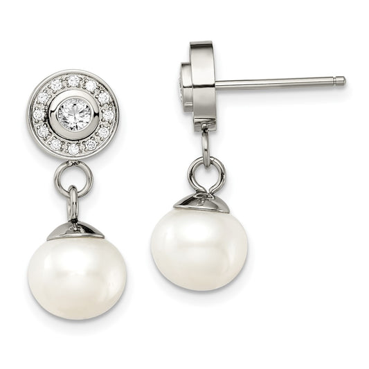 Chisel Stainless Steel Polished CZ and Freshwater Cultured Pearl Post Dangle Earrings