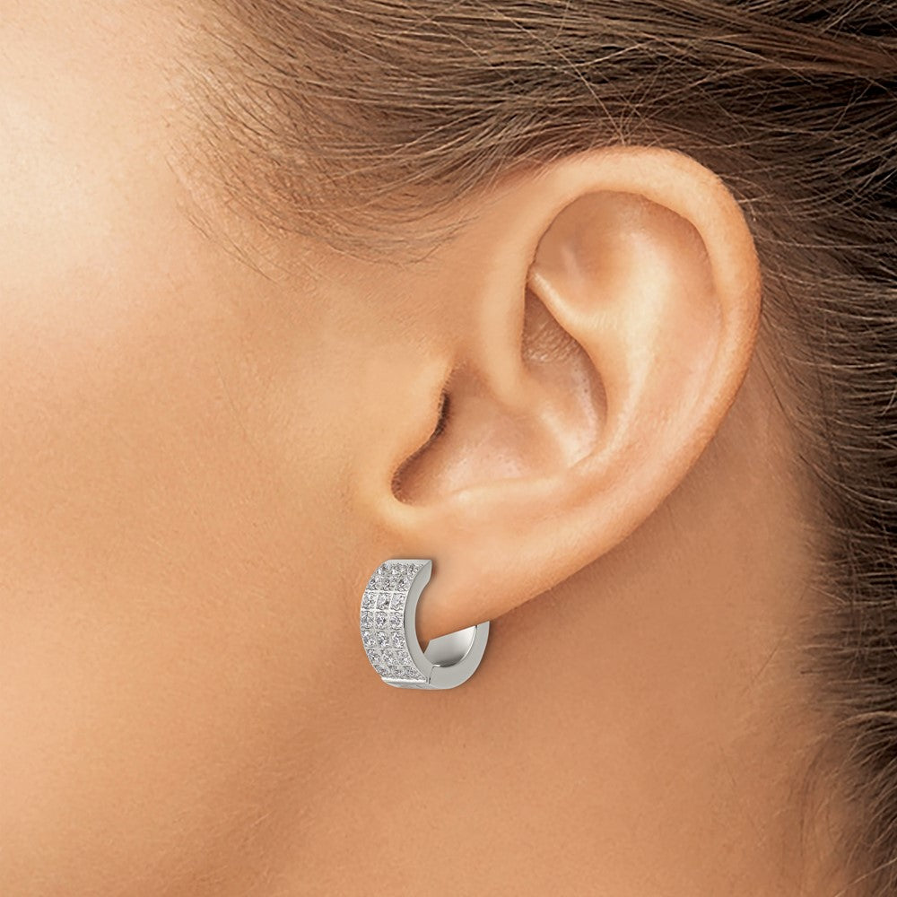 Chisel Stainless Steel Polished with 3 Rows of CZ 2.4mm Hinged Hoop Earrings