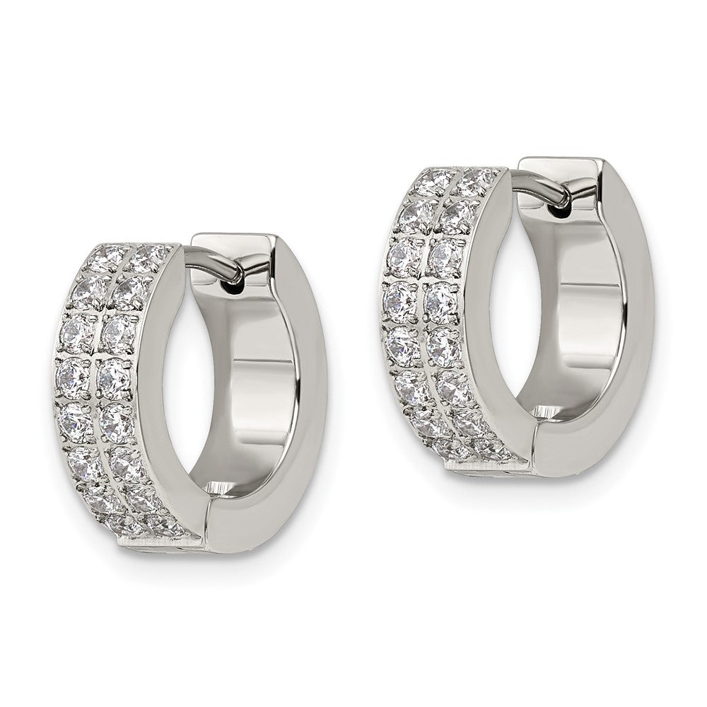 Chisel Stainless Steel Polished with 2 Rows of CZ 2.3mm Hinged Hoop Earrings