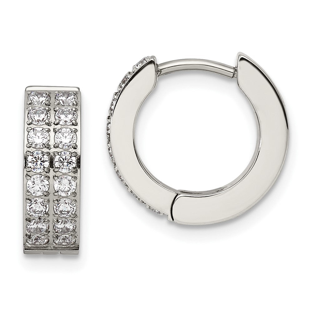 Chisel Stainless Steel Polished with 2 Rows of CZ 2.3mm Hinged Hoop Earrings