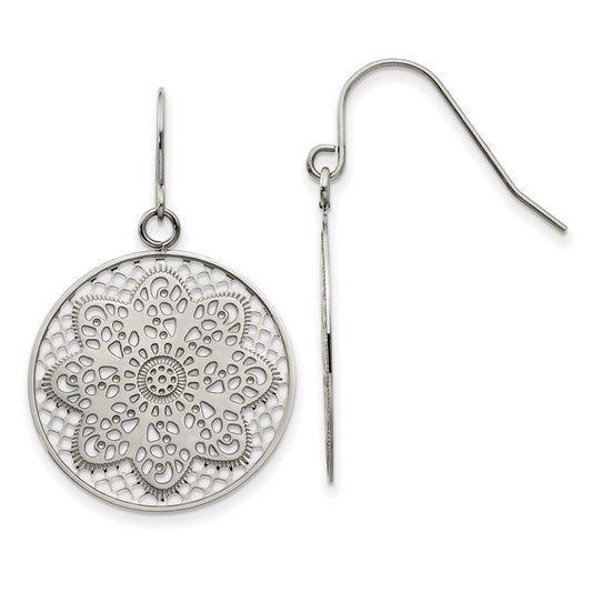 Stainless Steel Polished Cut-out Flower Dangle Shepherd Hook Earrings