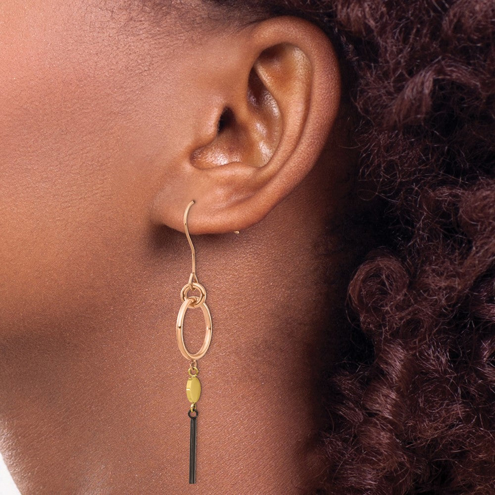 Chisel Stainless Steel Polished Black, Rose and Yellow IP-plated Dangle Shepherd Hook Earrings